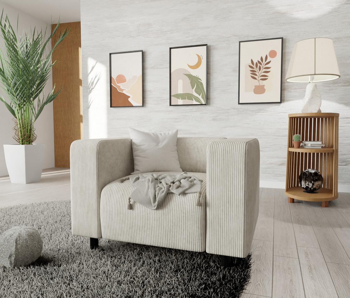 SITZGARNITUR 3+2+1 Tove Beige Cord - Beige/Schwarz, Holz/Kunststoff (175/65/80cm) - S-Style Möbel
