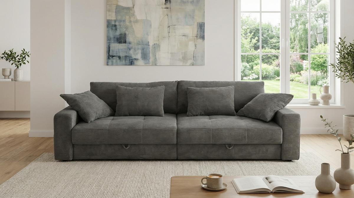 BIG-SOFA mit 2 Bettkästen, viel Stauraum, B274/T113/H84 cm, Liegefläche 103x241 cm, Cord Dunkelgrau / 15261 - Dunkelgrau/Schwarz, Kunststoff/Textil (284/84/113cm) - luma-home