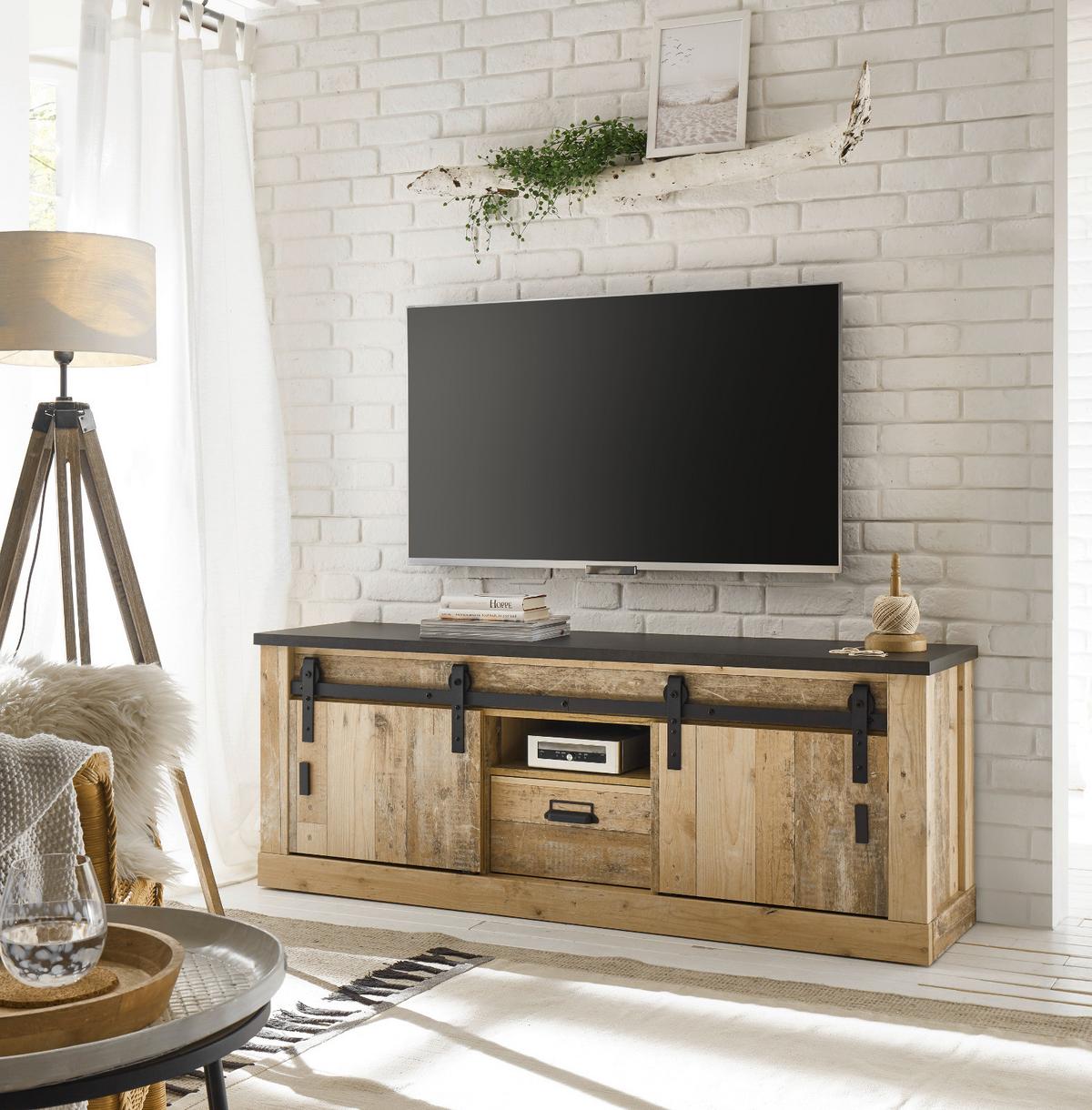 TV-LOWBOARD Used Wood hell, anthrazit 162 x 61 cm, TV Unterteil in Komforthöhe - Anthrazit/Schwarz, Holzwerkstoff/Metall (162/61/43cm) - Furn.Design