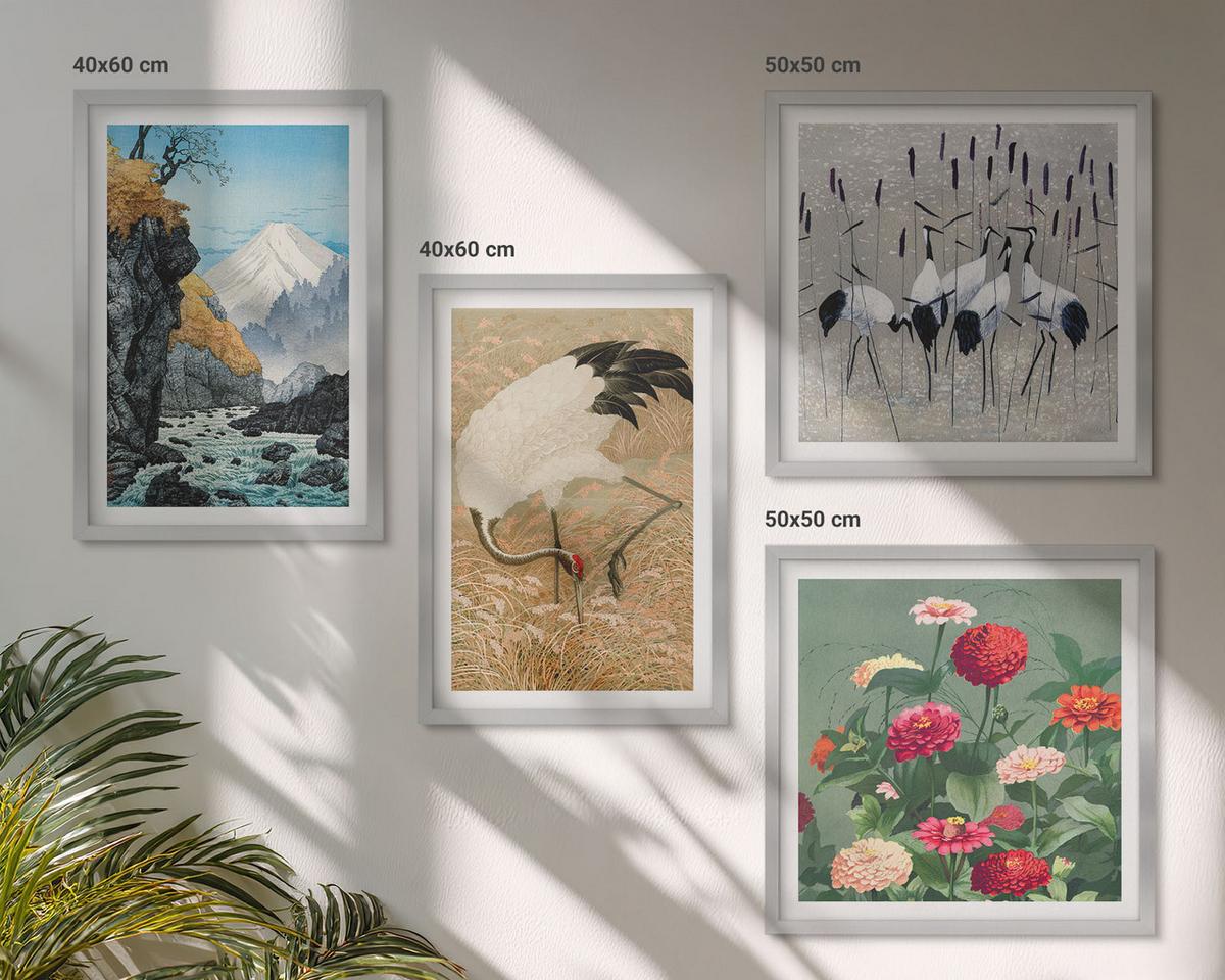BILDER SET 4er Set - 50x50 cm & 40x60 cm Silberner Rahmen - Berge, Fluss, Blumen, Kraniche - Silberfarben, Kunststoff (50/50cm) - TULUP