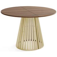 ESSTISCH Naro rund ausziehbar mit Goldenem Lamellen-Metallgestell, Walnuss Braun 120-200/120/76 cm - Goldfarben/Walnussfarben, Holzwerkstoff/Metall (120/196/76cm) - WFL GROUP