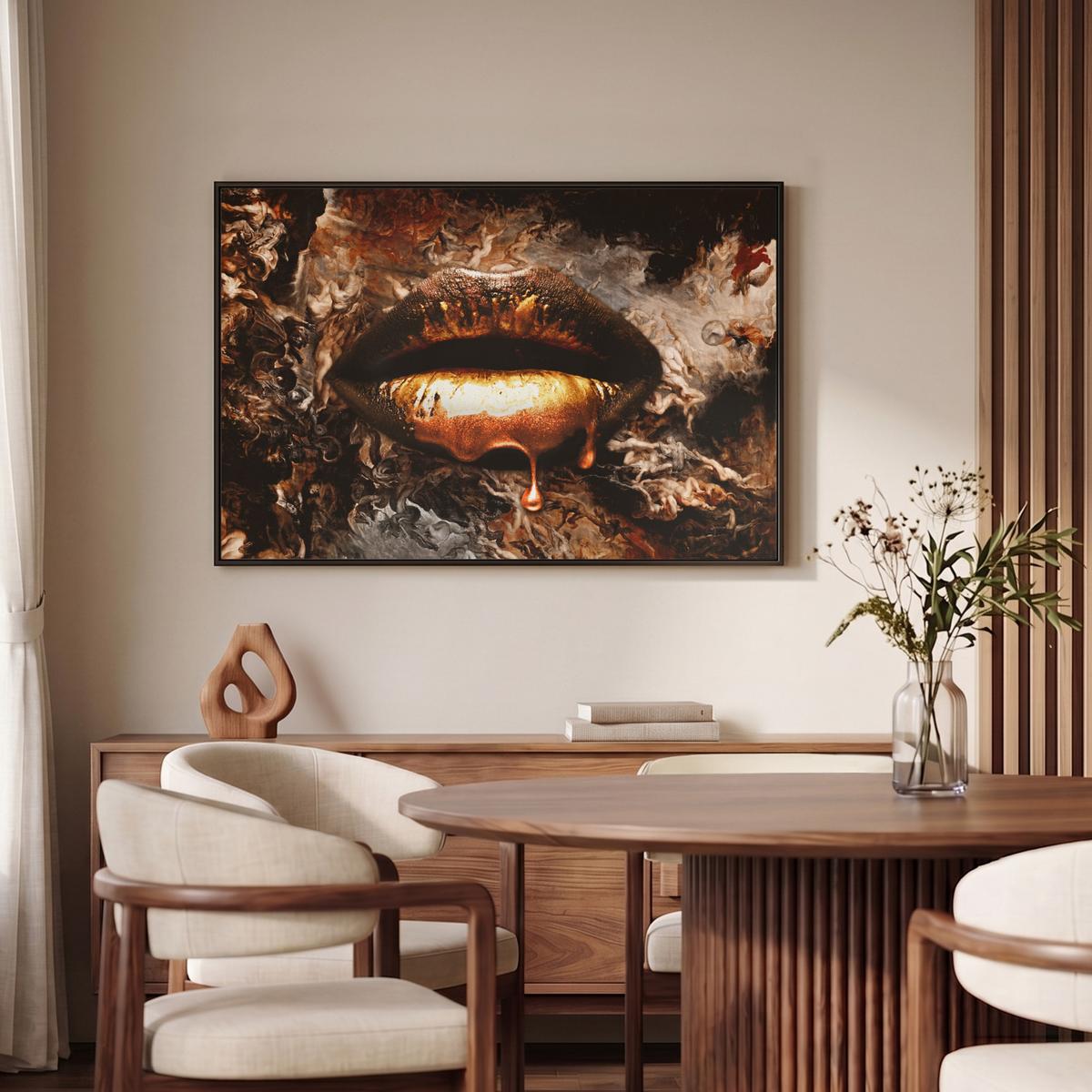 LEINWAND Bilder mit Rahmen - Gold - Lippen - Kunst - Gold - Luxus - Abstrakt - 90x60 - Kupferfarben, Textil (90/60cm) - MuchoWow