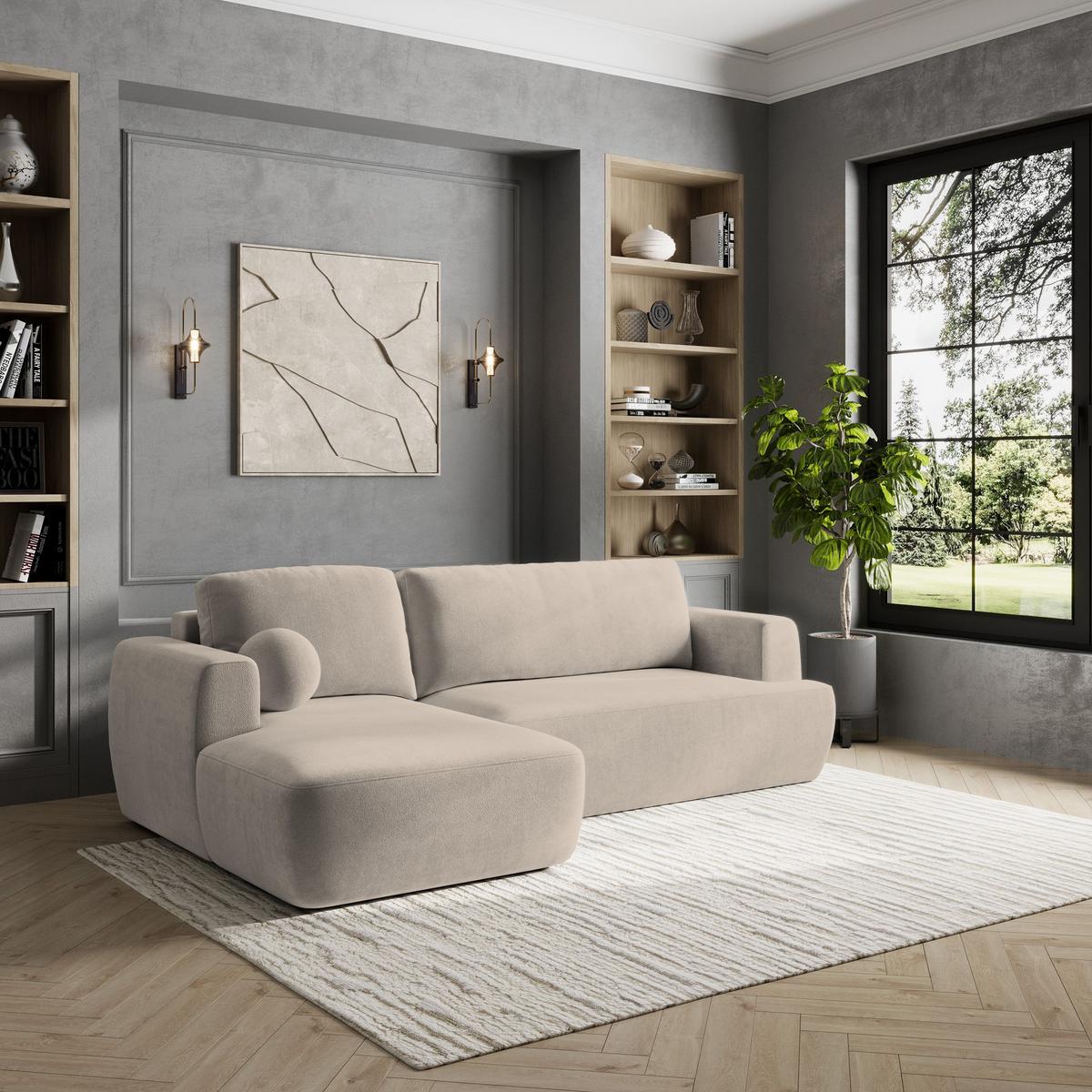 ECKSOFA SENTI K L-S Beige Plüsch-Stoff mit Schlaffunktion - Beige/Schwarz, Holz/Kunststoff (246/148cm) - MASSENO