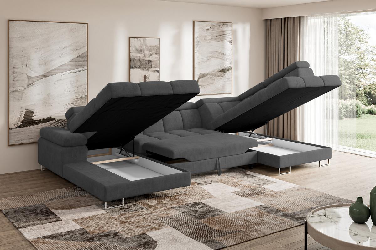 WOHNLANDSCHAFT mit Schlaffunktion und Bettkasten Ottomane RECHTS COMA U 345x203x79 Dunkelgrau Velours - Dunkelgrau, Holzwerkstoff/Textil (203/79/345cm) - ALTDECOR