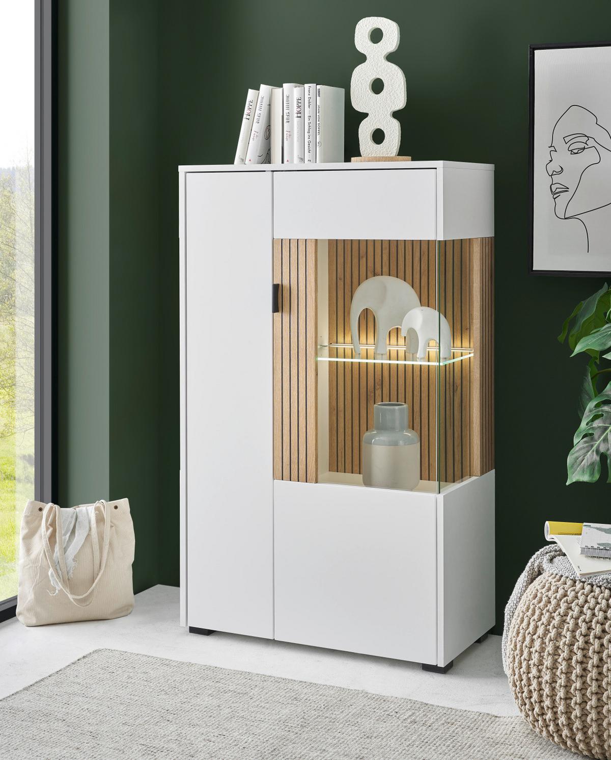 VITRINE weiß matt, Eiche 75 x 125 cm, Highboard mit Soft-Close-Funktion - Eichefarben/Schwarz, Glas/Holzwerkstoff (75/125/38cm) - Furn.Design