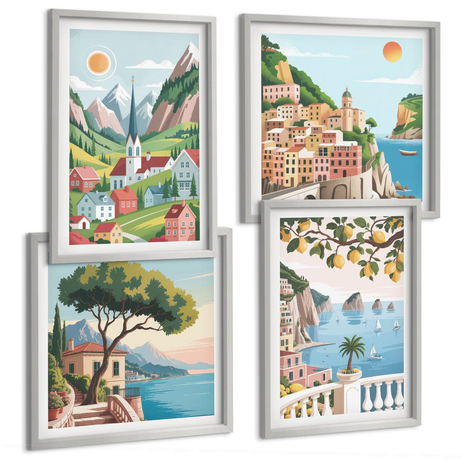 BILDER SET 4er Set - 50x50 cm & 40x60 cm Silberner Rahmen - Meereslandschaften, Zitrusfrüchte - Silberfarben, Kunststoff (50/50cm) - TULUP