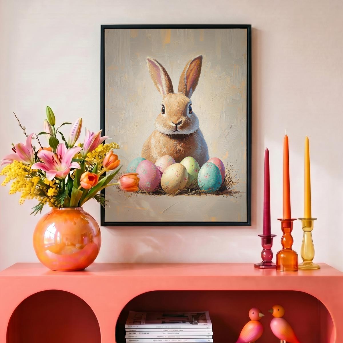 LEINWAND Bilder mit Rahmen - Osterhase - Pastell - Eier - 30x40 - Beige, Textil (30/40cm) - MuchoWow