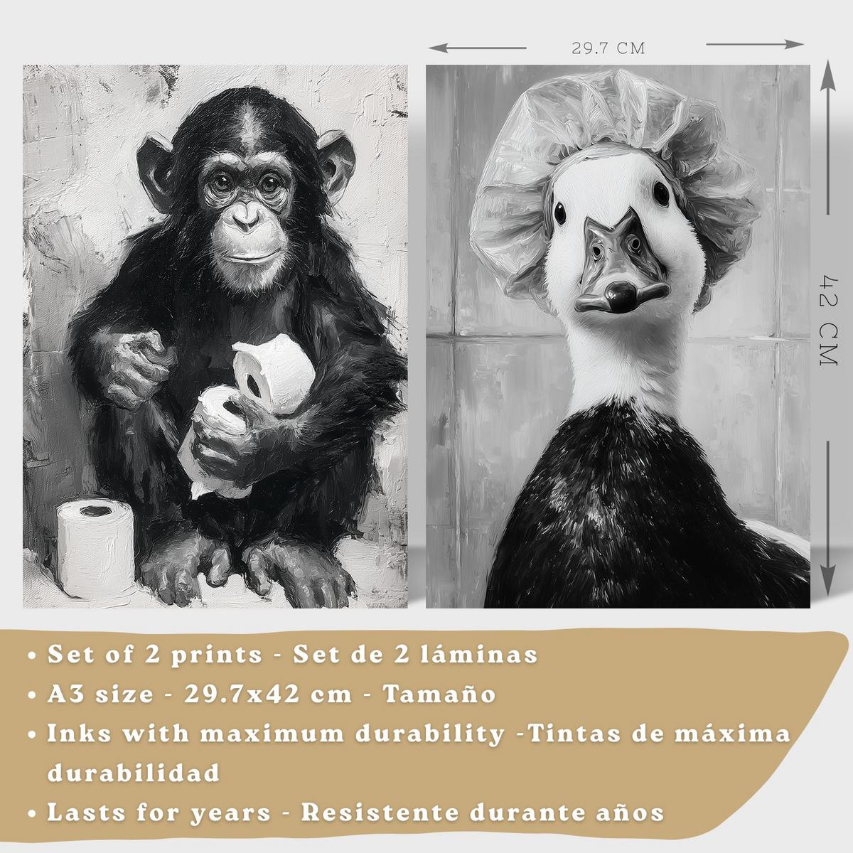 POSTER 2er-Set lustige Tiermotive in Schwarz-Weiß fürs Badezimmer, witzige für Toilette, Bad, minimalistischer Stil Leichter Holzrahmen A3 - Beige, Papier (42/29.7/3cm) - Nacnic