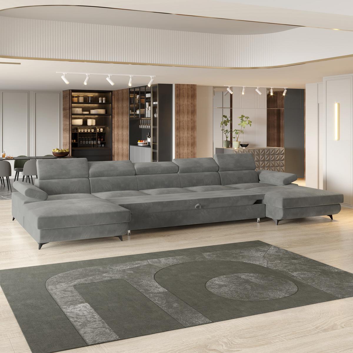 WOHNLANDSCHAFT VIVENTE Grau Velours-Stoff mit Schlaffunktion - Grau, Holz (410/89/190cm) - MASSENO