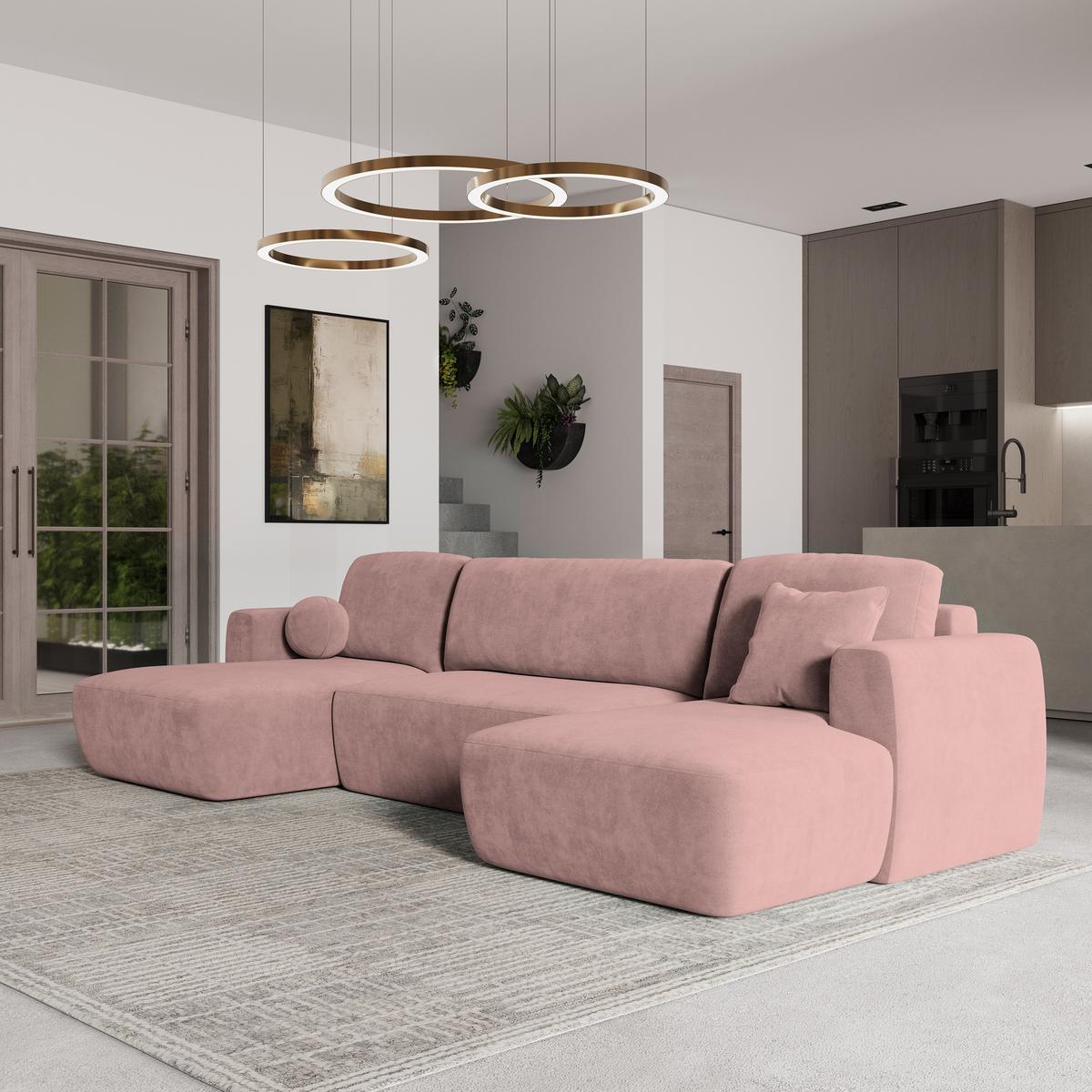 WOHNLANDSCHAFT SENTUM K Rosa Plüsch-Stoff mit Schlaffunktion - Schwarz/Rosa, Holz/Kunststoff (330/90/148cm) - MASSENO
