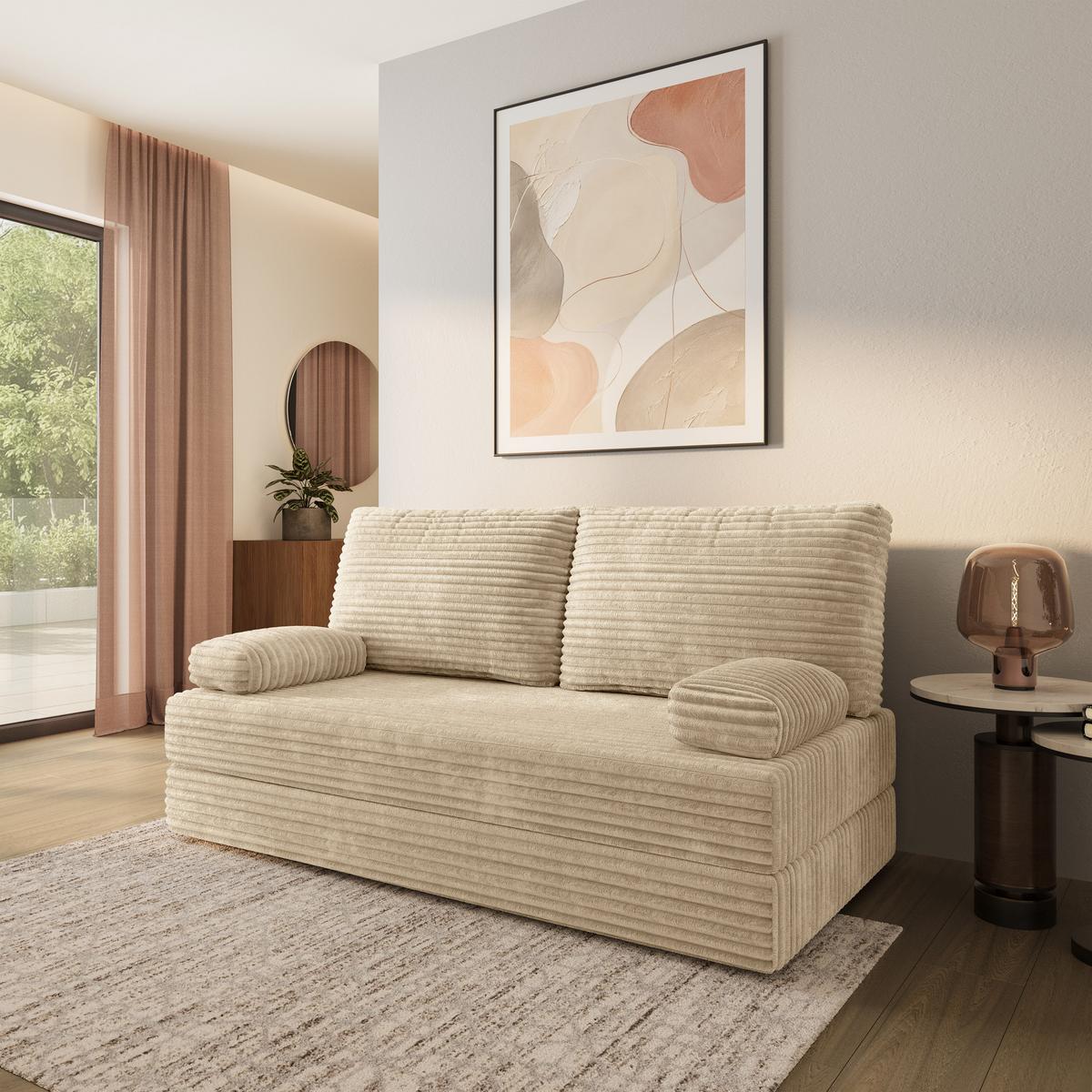 BETTSOFA SILAR aus Schaumstoff Kordstoff Creme Schlaffunktion - Creme, Textil (170/86/80cm) - MASSENO