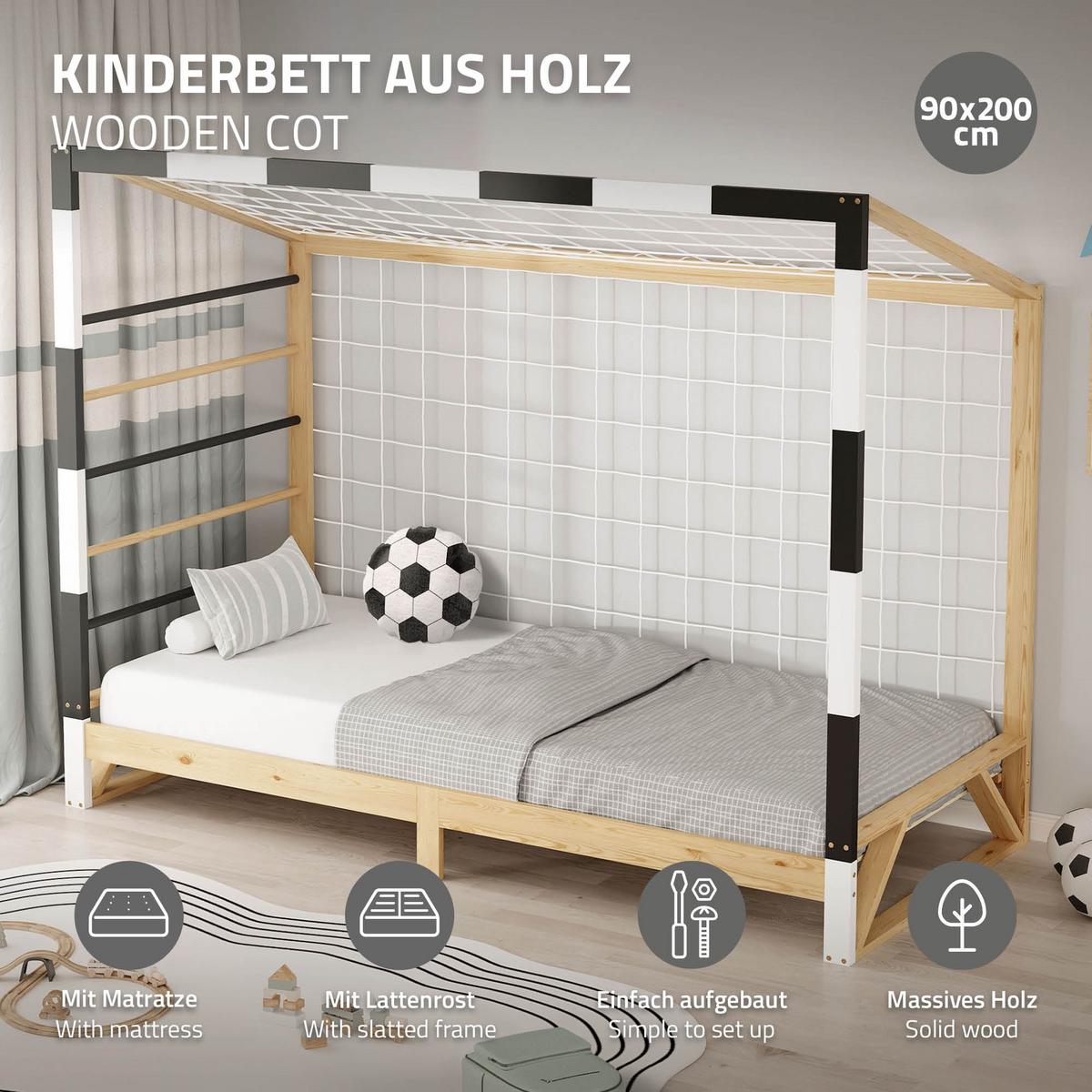 KINDERBETT Fußballtor mit Matratze 90 x 200 cm Schwarz-Weiß Kiefernholz - Naturfarben, Holz (90/200cm) - ML-DESIGN