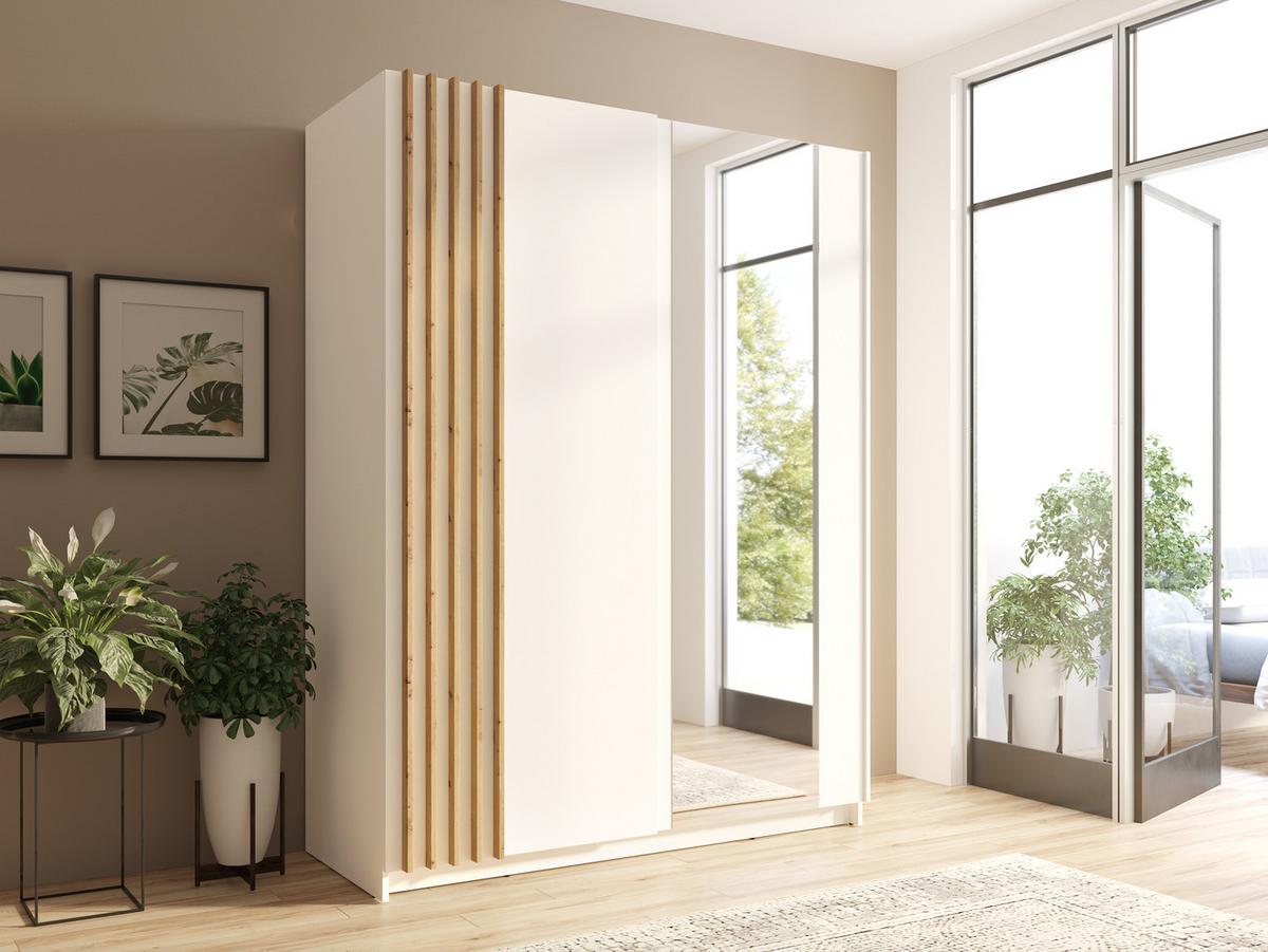 KLEIDERSCHRANK Beralto Weiß 200/198,5/63,5 cm – mit Spiegel und Lamellenfront - Weiß, Holzwerkstoff (200/198.5/63.5cm) - AX Living