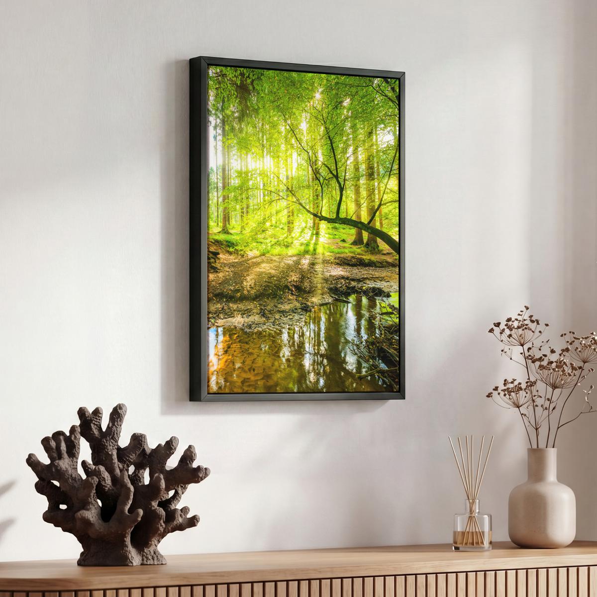 LEINWAND Bilder mit Rahmen - Wald - Landschaft - Wasser - Bäume - Sonne - Grün - Natur - 30x40 - Grün, Textil (30/40cm) - MuchoWow