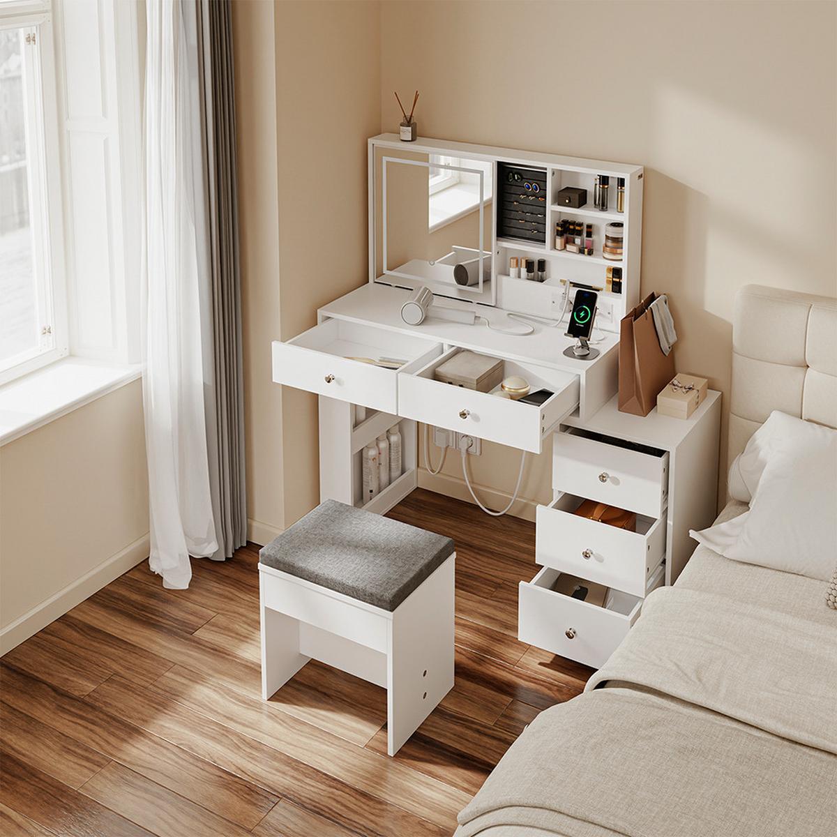 SCHMINKTISCH mit Spiegel (3 einstellbaren Lichtfarben) und Hocker 120x40x127cm - Weiß, Holzwerkstoff (120/127/40cm) - SoBuy