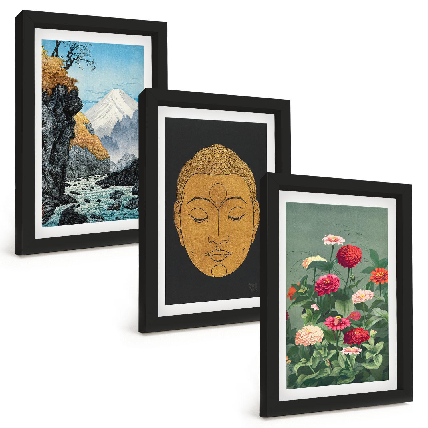 BILDER SET 3er Set - 20x30 cm Schwarzer Rahmen - Japanische Natur, Japandi-Kultur - Schwarz, Kunststoff (20/30cm) - TULUP