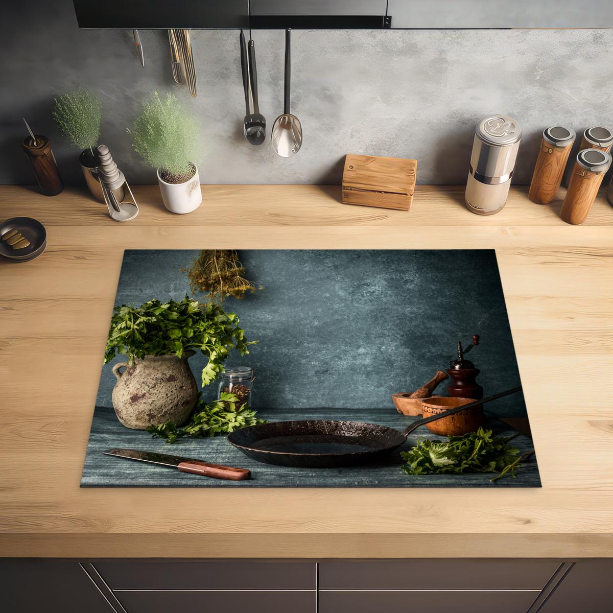HERDABDECKPLATTE Kräuter - Gewürze - Pfanne - Messer - Grau - Rustikal Herdabdeckung Induktionsfeld 70x52 cm - Petrol, Kunststoff (70/52/0.2cm) - MuchoWow