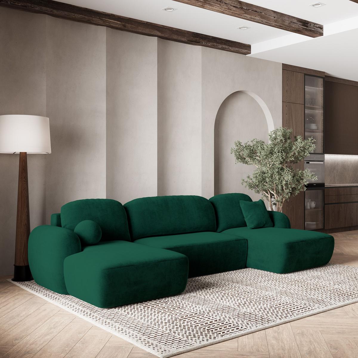 WOHNLANDSCHAFT SAVONA K Grün Plüsch-Stoff mit Schlaffunktion - Schwarz/Grün, Holz/Kunststoff (320/90/148cm) - MASSENO