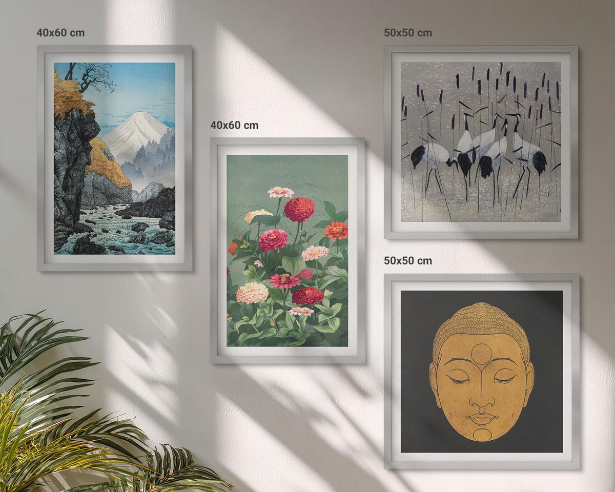 BILDER SET 4er Set - 50x50 cm & 40x60 cm Silberner Rahmen - Japanische Natur und Japandi-Stil - Silberfarben, Kunststoff (50/50cm) - TULUP