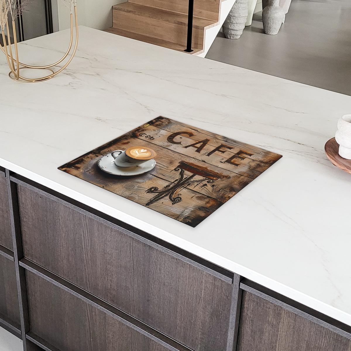 HERDABDECKPLATTE Cafe - Holz - Kaffee - Regale Herdabdeckung Induktionsfeld 60x52 cm - Schwarz, Kunststoff (60/52/0.2cm) - MuchoWow