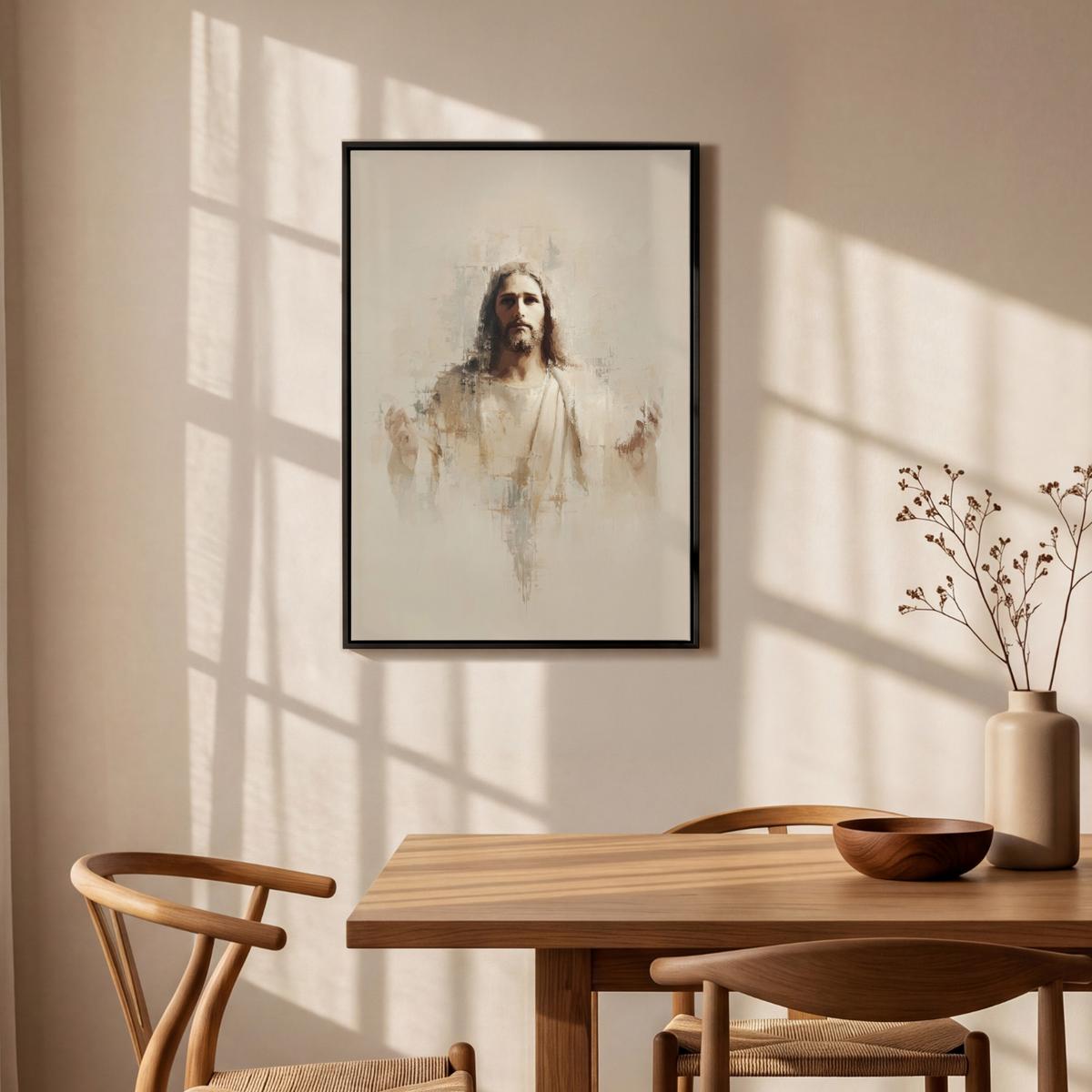 LEINWAND Bilder mit Rahmen - Porträt - Abstrakt - Jesus - Beige - 60x90 - Beige, Textil (60/90cm) - MuchoWow