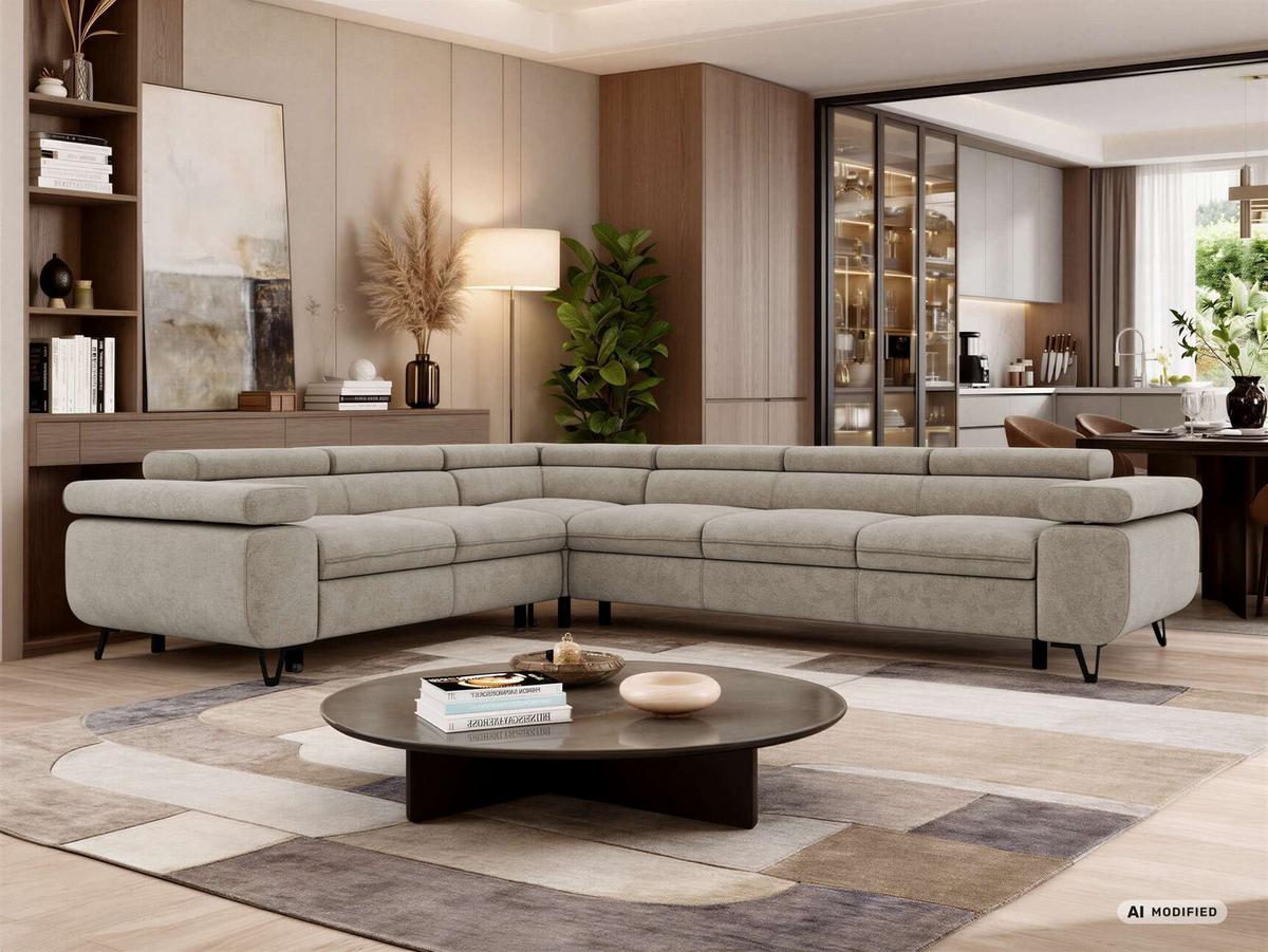 ECKSOFA NORDEN L - Greige Stukture - Rechts Seite - Greige/Schwarz, Textil/Metall (329/269cm) - MKS