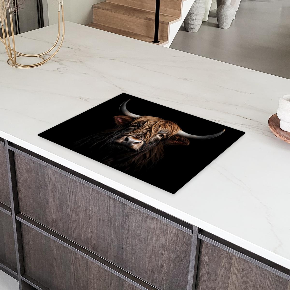 HERDABDECKPLATTE Schottischer Highlander - Porträt - Schwarz - Tier Herdabdeckung Induktionsfeld 70x52 cm - Braun, Kunststoff (70/52/0.2cm) - MuchoWow