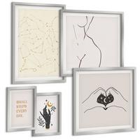BILDER SET 5er Set - 50x50 cm & 20x30 cm & 40x60 cm Silberner Rahmen - Minimalistische Boho-Illustrationen - Silberfarben, Kunststoff (40/60cm) - TULUP