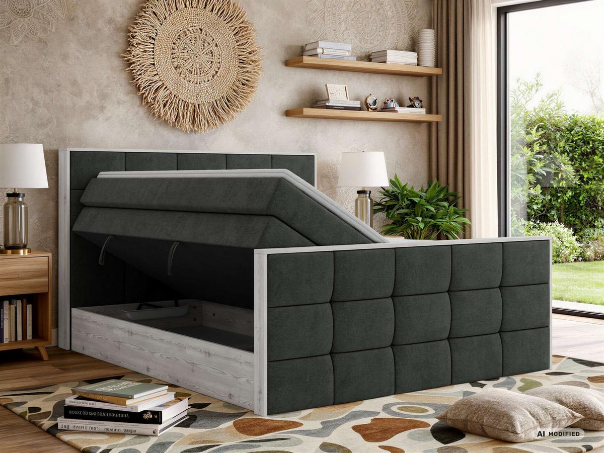 BOXSPRINGBETT ALNOR KING DUO 160/200 - Dunkelgrau Stukture - Topper Visco - H3 - Dunkelgrau/Schwarz, Kunststoff/Textil (160/200cm) - MKS