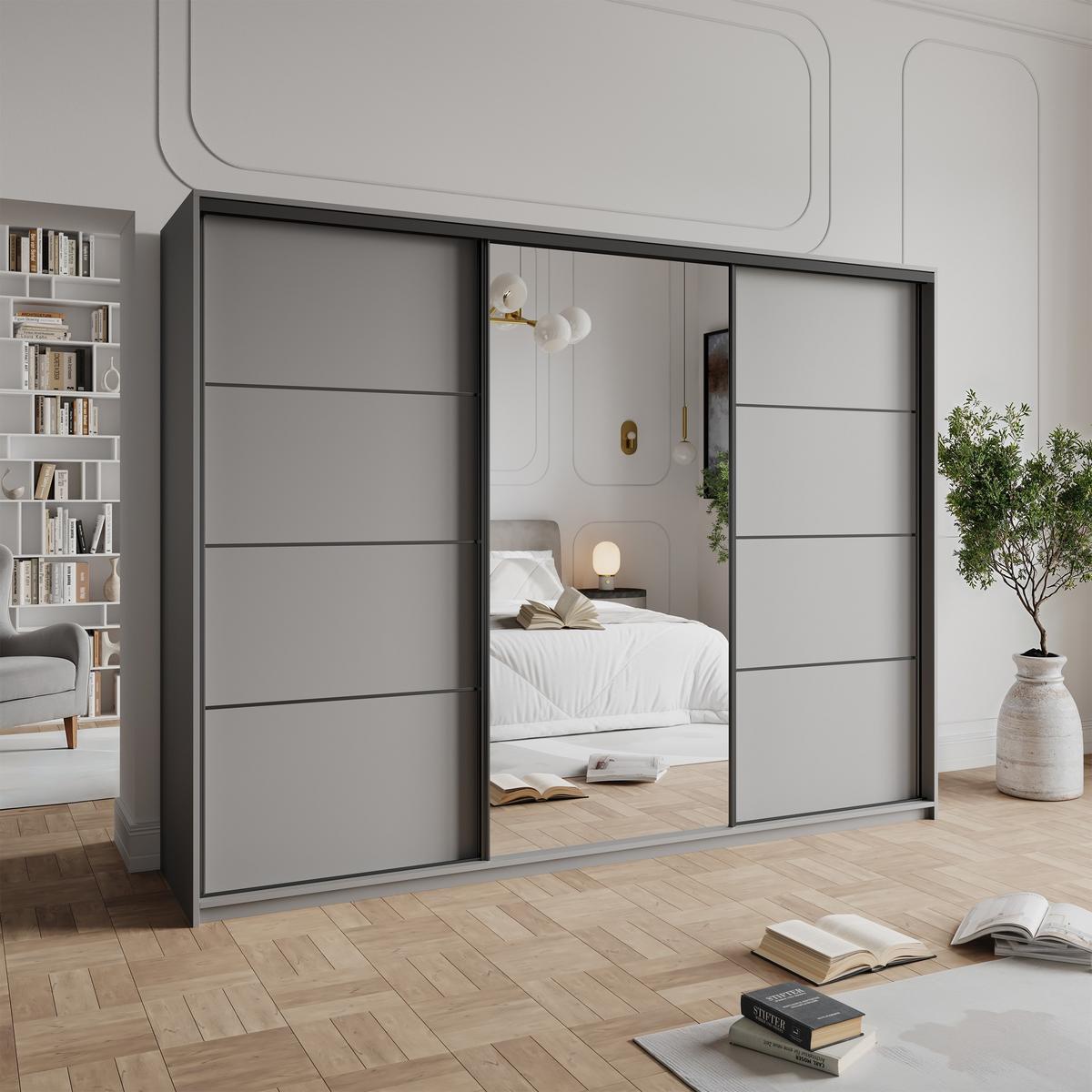 SCHWEBETÜRENSCHRANK VARO 270/205/60 cm 3-türig mit Spiegel Graphitfarben - Graphitfarben, Holzwerkstoff (270/205/60cm) - MASSENO