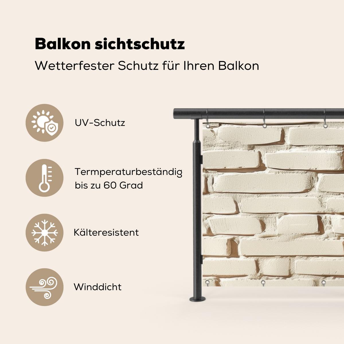 BALKON-SICHTSCHUTZ Ziegel - Wand - Licht - Weiß Balkon Deko 300x130 cm - Creme, Kunststoff (300/130cm) - MuchoWow