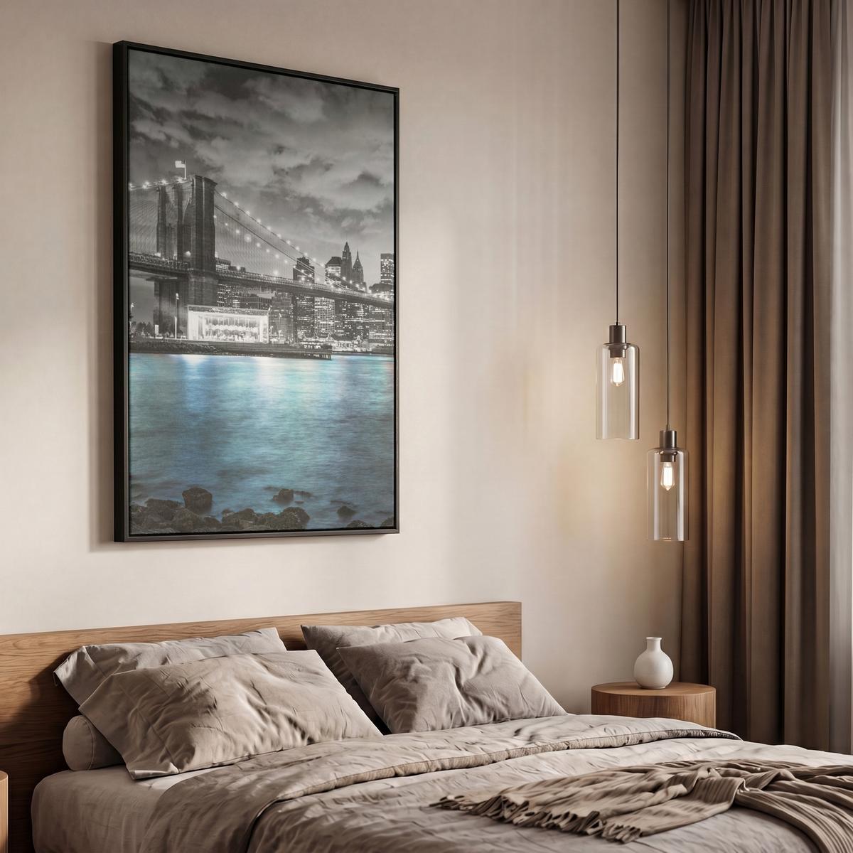 LEINWAND Bilder mit Rahmen - New York - Skyline - Stadt - Blau - 60x90 - Blaugrau, Textil (60/90cm) - MuchoWow