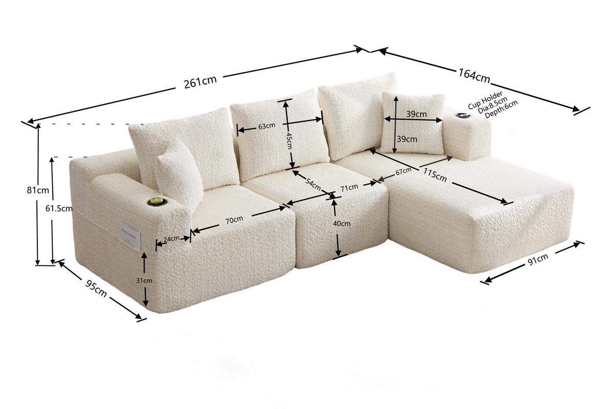 ECKSOFA Modulares L-Form Chenille mit Getränkehalter & Memory-Schaum 261cm - Beige, Textil (261/165cm) - Urban Meuble