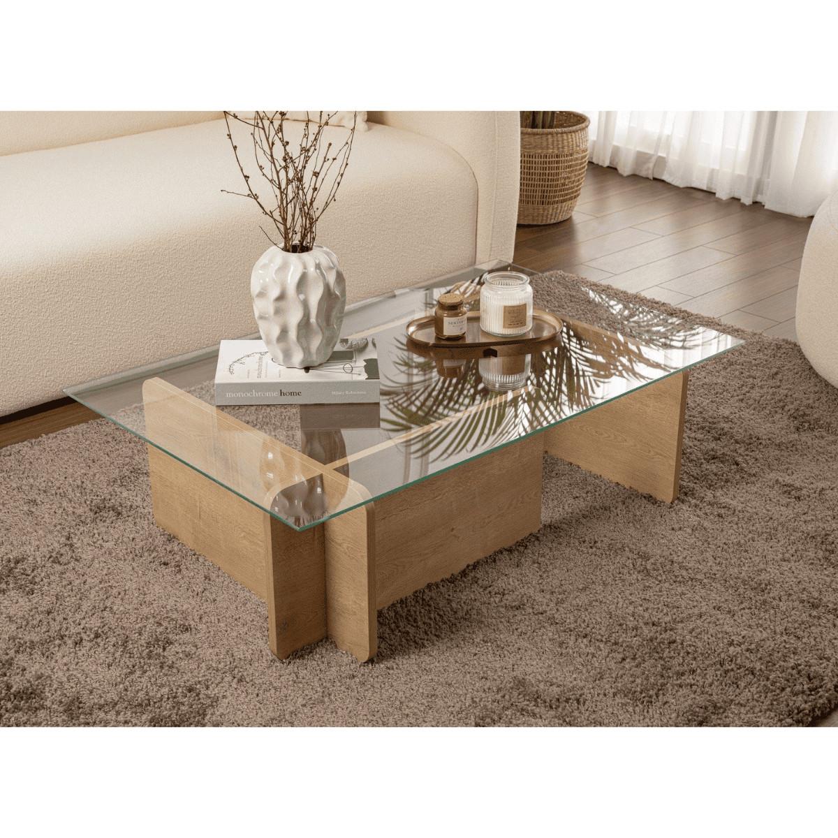 COUCHTISCH mit Tischplatte aus gehärtetem Glas 105/65/30 cm - Eichefarben, Holzwerkstoff (110/65/30cm) - Calicosy