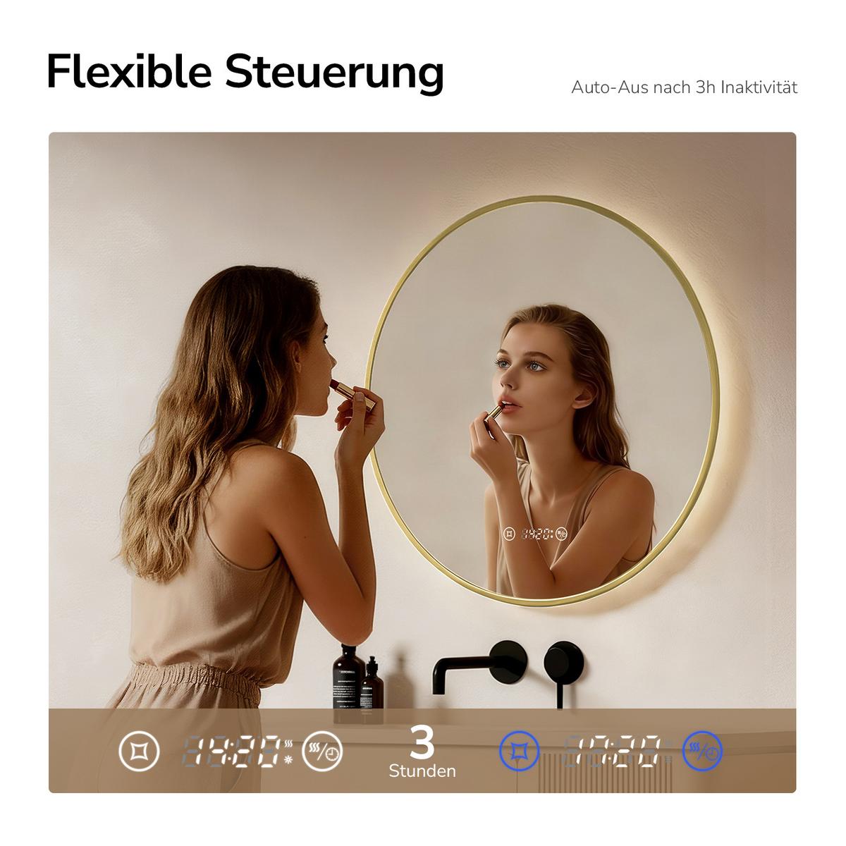 BADSPIEGEL mit LED-Beleuchtung Anti-Beschlag Zeitanzeige Goldfarben Ø 60 cm - Goldfarben, Glas (60/3/3cm) - EMKE