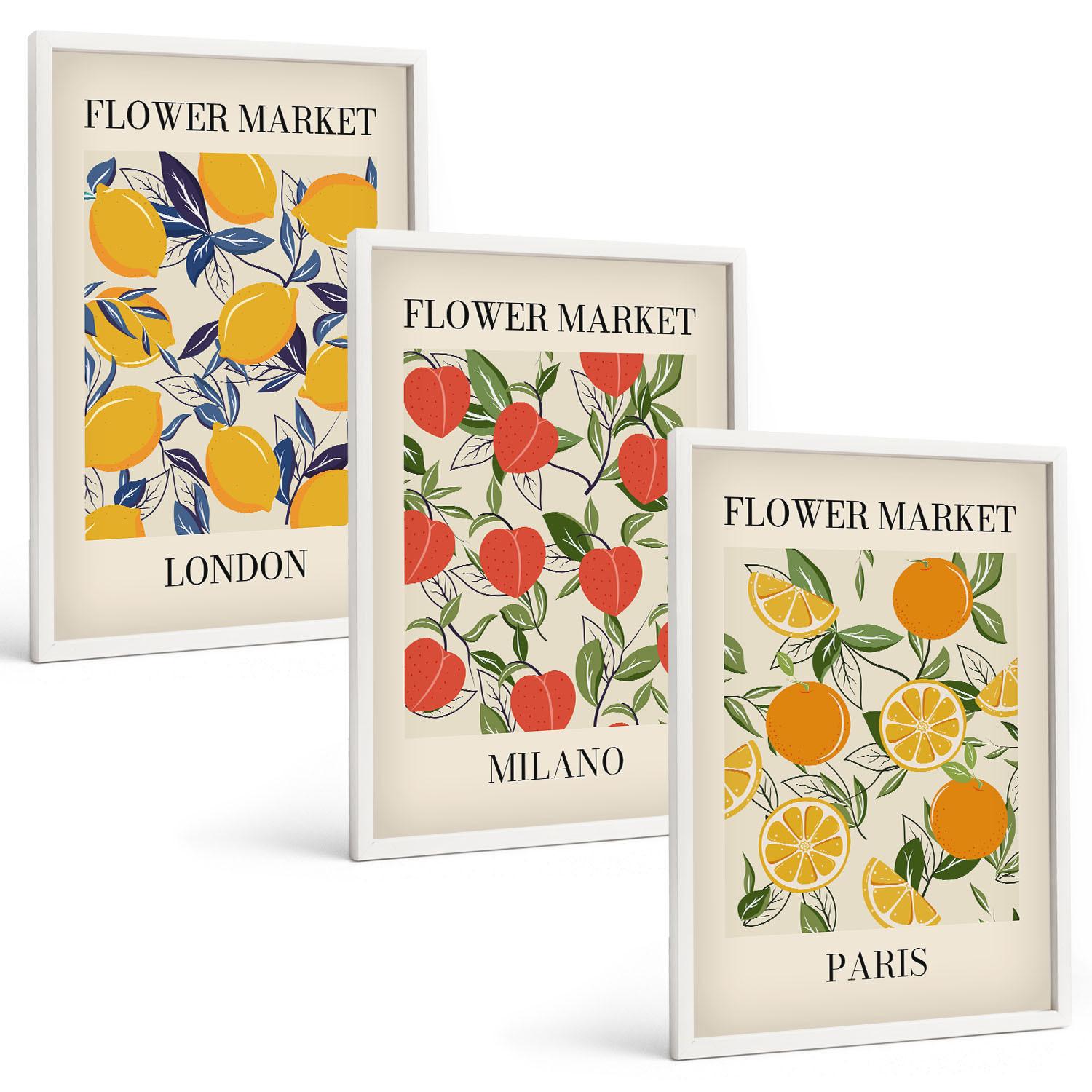 BILDER SET 3er Set - 40x60 cm Weißer Rahmen - Blumenplakate in Städten - Weiß, Kunststoff (40/60cm) - TULUP