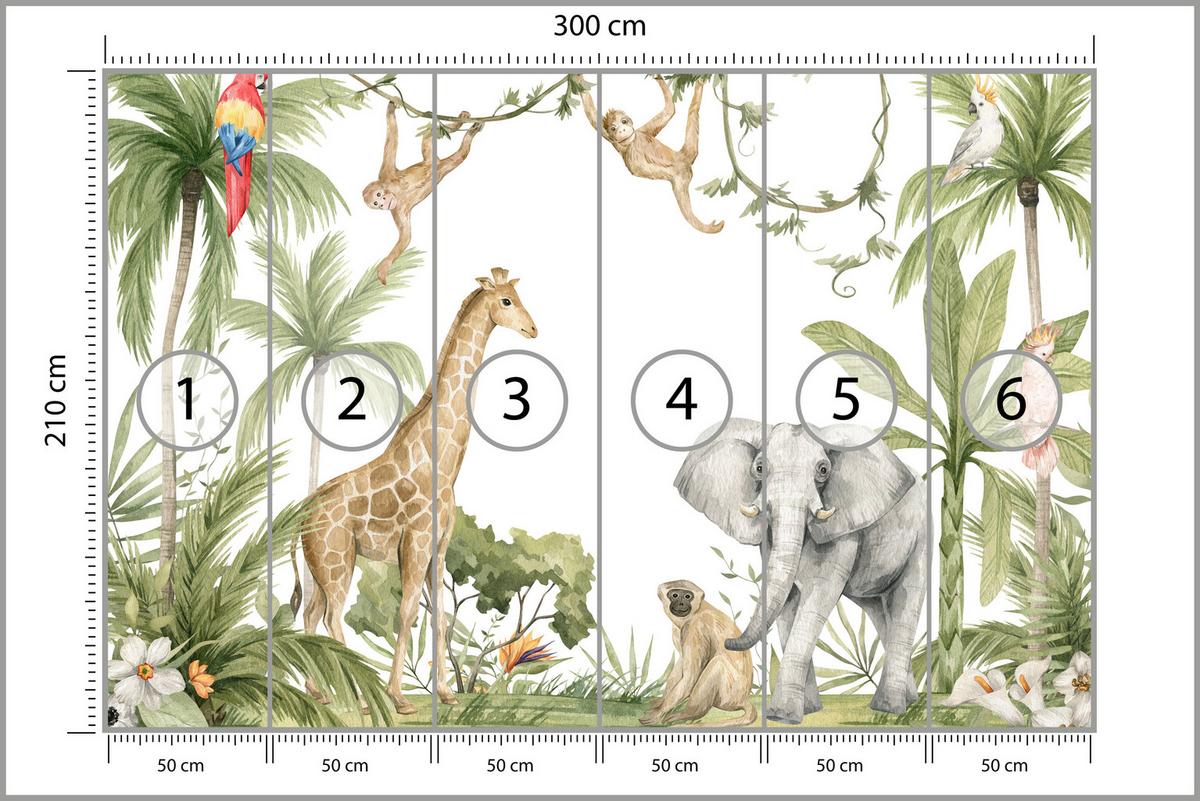 FOTOTAPETE für Kinderzimmer Dschungel Tiere Giraffe Elefant Palmen 300x210 - Beige/Rot, Papier (300/210cm) - Muralo