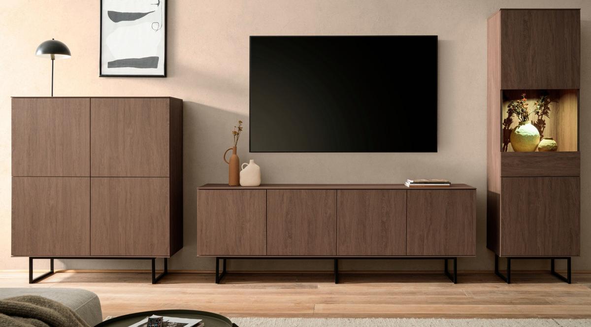 WOHNWAND in Nussbaum 3-teilig 400 cm, Wohnkombination mit Push-to-Open - Nussbaumfarben/Schwarz, Glas/Holzwerkstoff (400/200/40cm) - Furn.Design