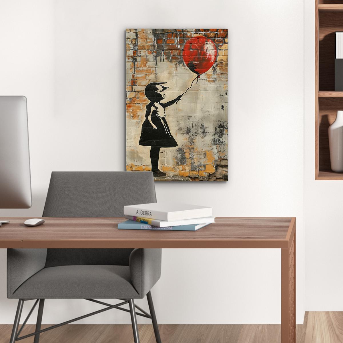 METALLBILD Graffiti - Banksy - Mädchen - Straßenkunst Deko Schlafzimmer 40x60 cm - Sandfarben, Metall (40/60cm) - MuchoWow