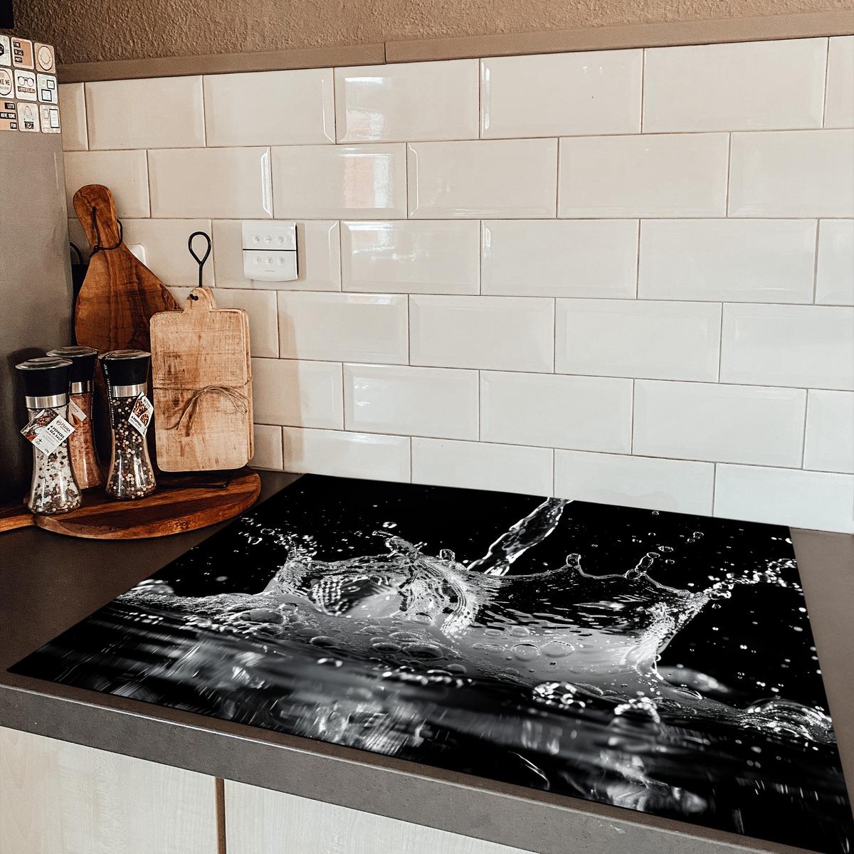 HERDABDECKPLATTE Wasser - Spritzwasser - Schwarz Induktionsmatte 77x59 cm - Schwarz, Kunststoff (77/59/0.2cm) - MuchoWow
