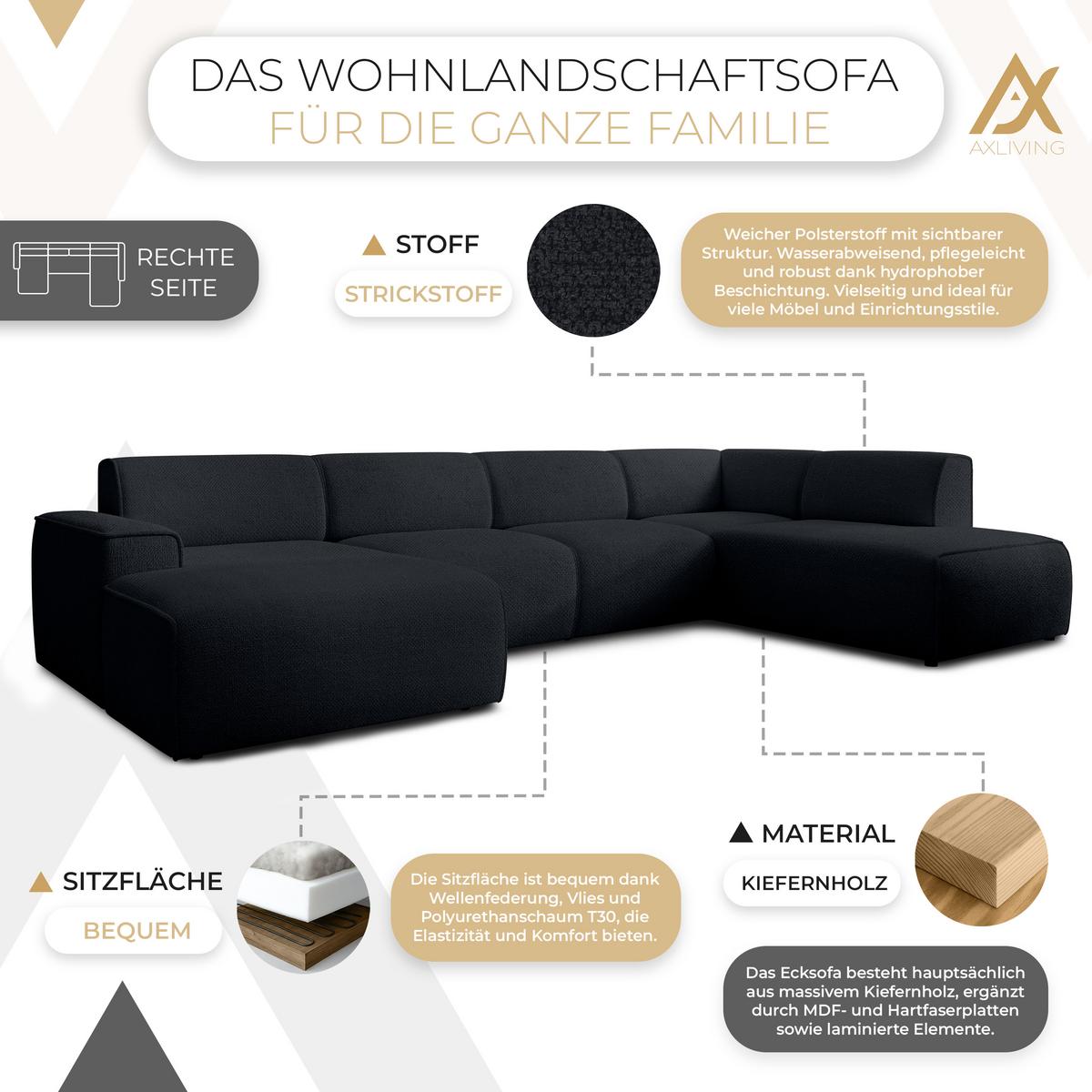 WOHNLANDSCHAFT Didim Dunkelgrau 378/220/78 cm – großes Sofa stilvoll & bequem R - Schwarz, Kunststoff/Textil (378/78/220cm) - AX Living