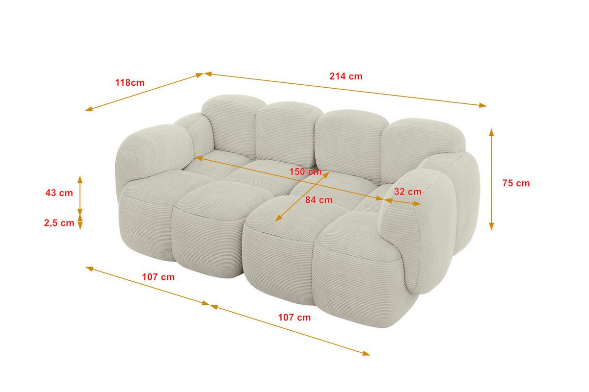 2-SITZER modulares Sofa Miko-S1 214x118x75 cm Creme Cord - Schwarz/Mokka, Holzwerkstoff/Kunststoff (214/75/118cm) - ALTDECOR