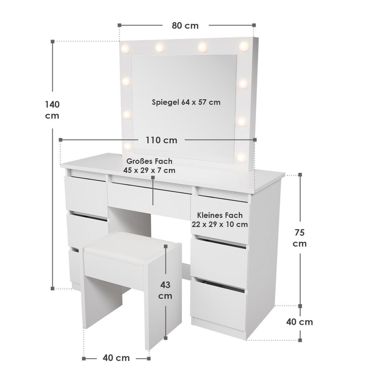 SCHMINKTISCH Talea mit LED (3 Lichtstufen) inkl Hocker Melly - Weiß, Holz (110/141/40cm) - Juskys