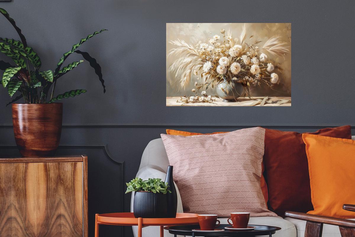 WANDTATTOO Blumen - Vase - Stilleben - Beige Deko Wohnzimmer 60x40 cm - Creme, Kunststoff (60/40/0.1cm) - MuchoWow