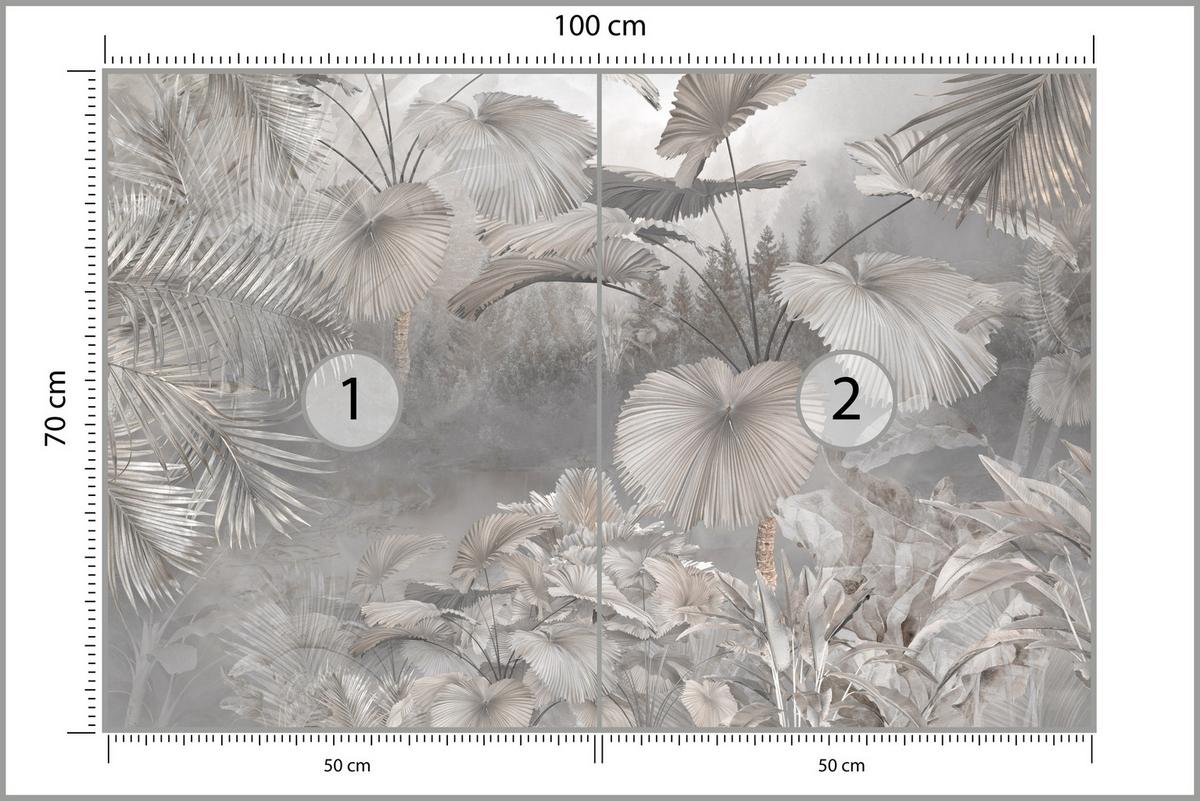 FOTOTAPETE für Wohnzimmer Tropische Blätter Dschungel Palmen Grau 100x70 - Beige/Grau, Papier (100/70cm) - Muralo
