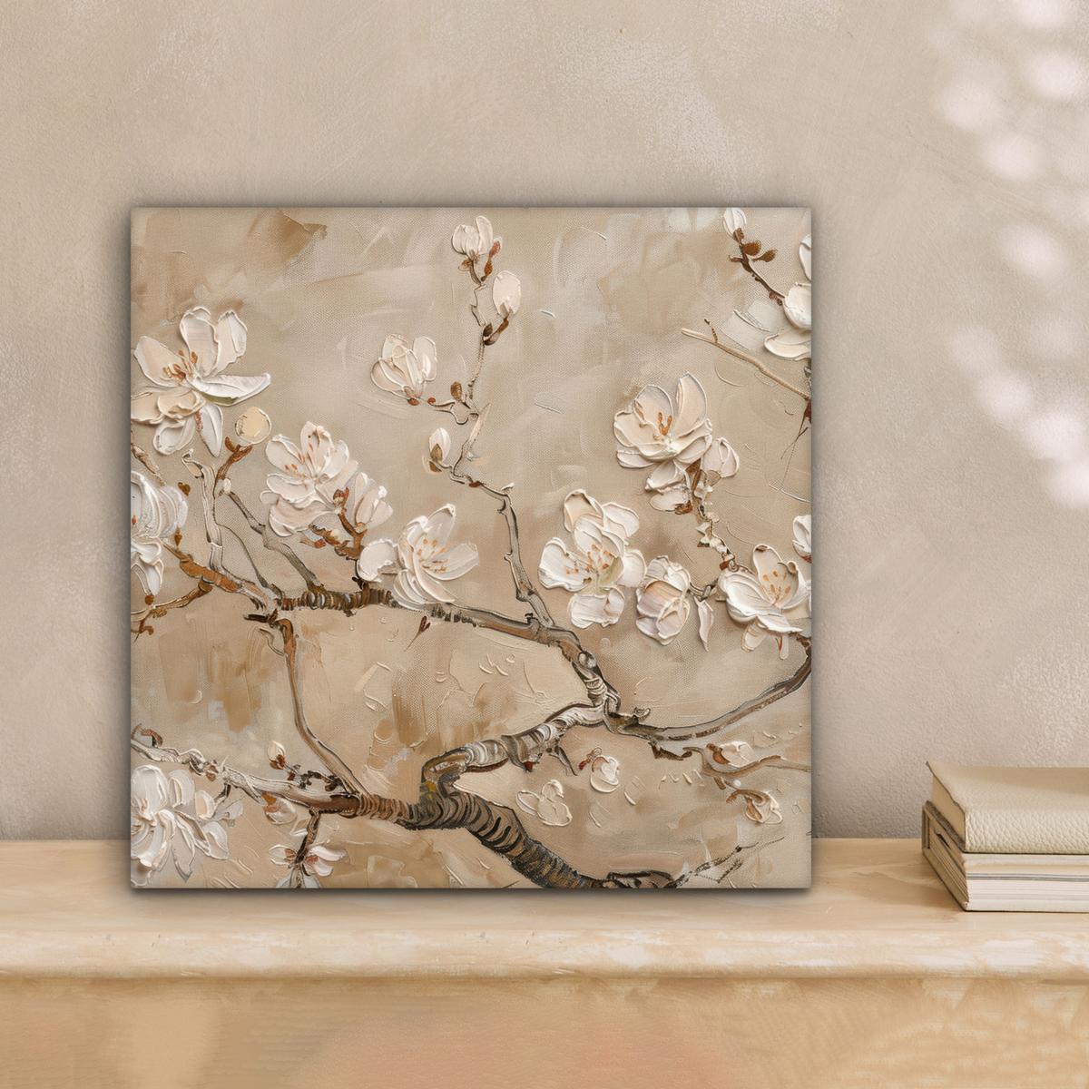 LEINWANDBILD Blumen - Modern - Beige - Weiß - Blüte Deko Wohnzimmer 20x20 cm - Beige, Textil (20/20cm) - MuchoWow
