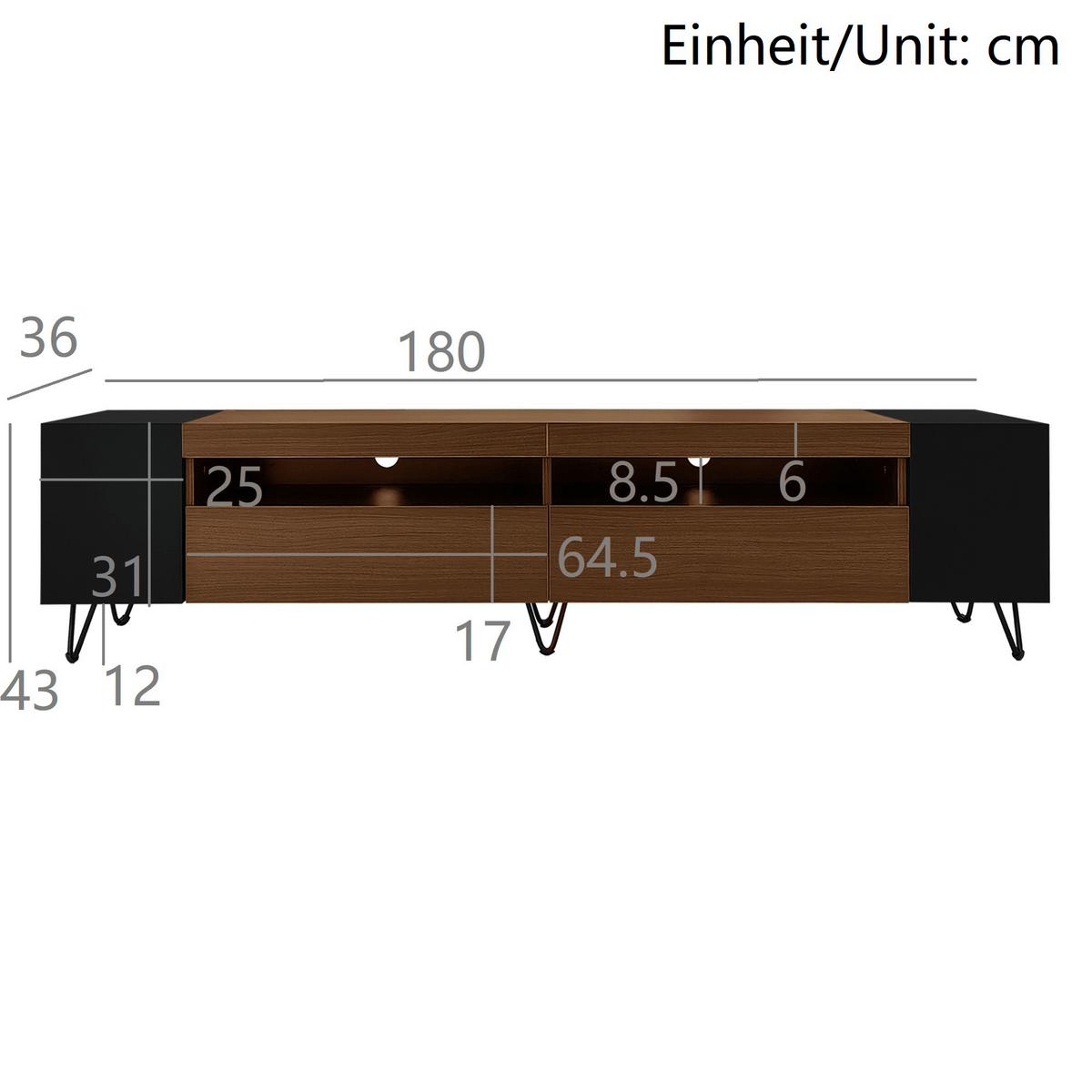TV-ELEMENT Schwarz und Holzoptik 180/36/43 cm - Braun, Holz (36/43/180cm) - Urban Meuble