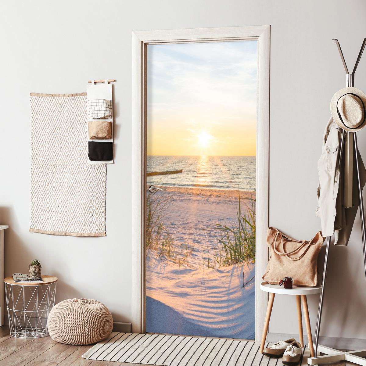 TÜRAUFKLEBER Strand - Sonne - Düne - Gras - Sand - Horizont 80x215 cm - Türtapete - Dunkelgelb, Kunststoff (80/0.1cm) - MuchoWow