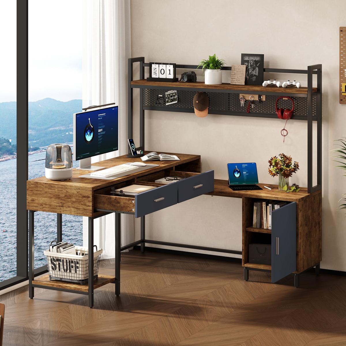 SCHREIBTISCH L-Form Industrie-Design mit Regal & Schrank 140x140cm - Schwarz/Naturfarben, Holzwerkstoff (140/140/135cm) - Urban Meuble