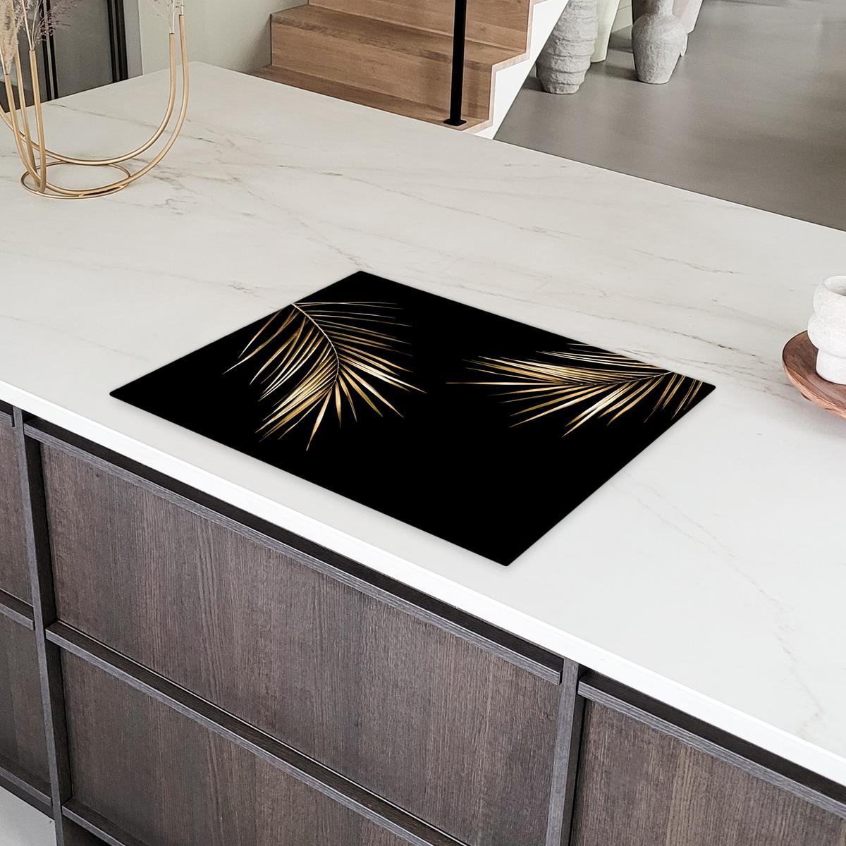 HERDABDECKPLATTE Blätter - Pflanzen - Gold - Schwarz - Luxus Herdabdeckung Induktionsfeld 70x52 cm - Goldfarben, Kunststoff (70/52/0.2cm) - MuchoWow
